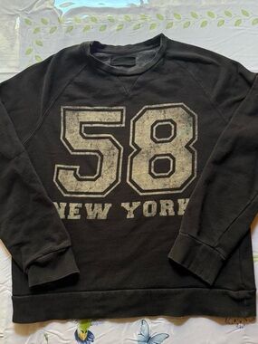 NY Collection Black Crewneck Sweatshirt with Distressed 58 Graphic